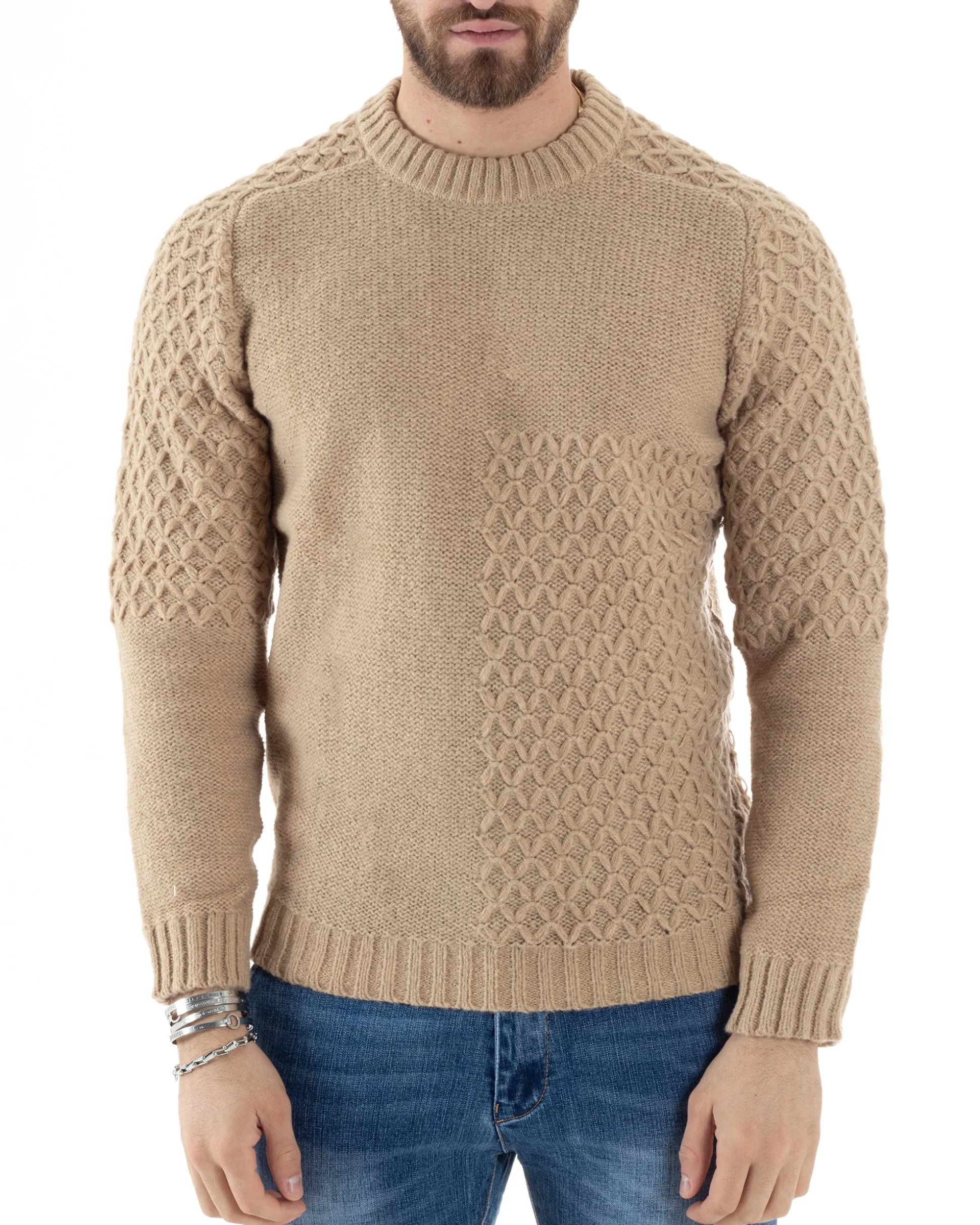 Maglione Intrecciato Uomo Girocollo Con Trecce Maglia Maglioncino Beige GIOSAL-M2797A