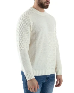 Maglione Intrecciato Uomo Girocollo Con Trecce Maglia Maglioncino Panna GIOSAL-M2795A