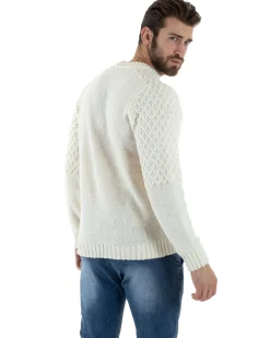 Maglione Intrecciato Uomo Girocollo Con Trecce Maglia Maglioncino Panna GIOSAL-M2795A