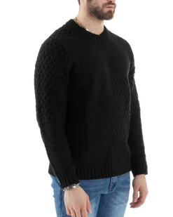 Maglione Intrecciato Uomo Girocollo Con Trecce Maglia Maglioncino Nero GIOSAL-M2796A