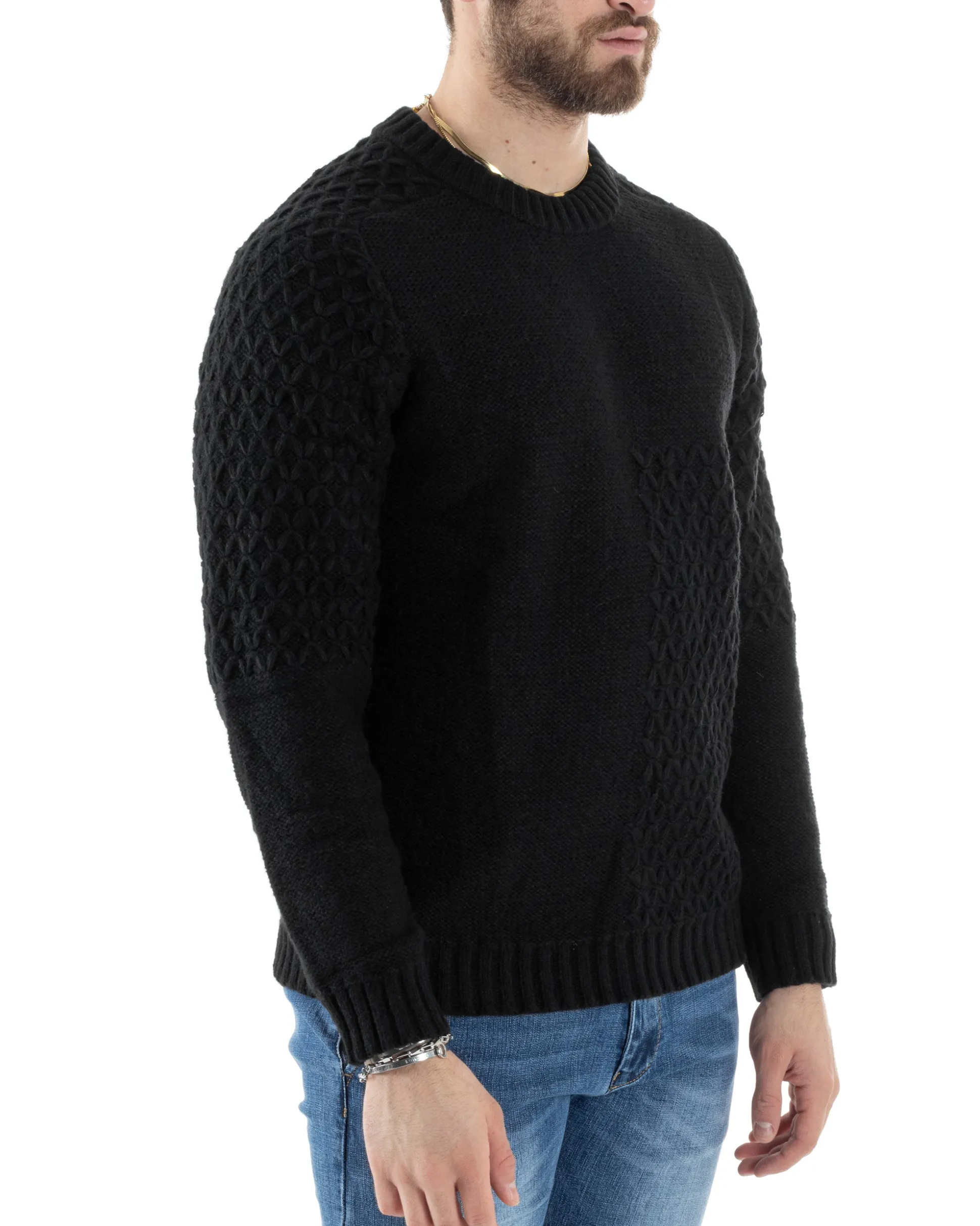 Maglione Intrecciato Uomo Girocollo Con Trecce Maglia Maglioncino Nero GIOSAL-M2796A