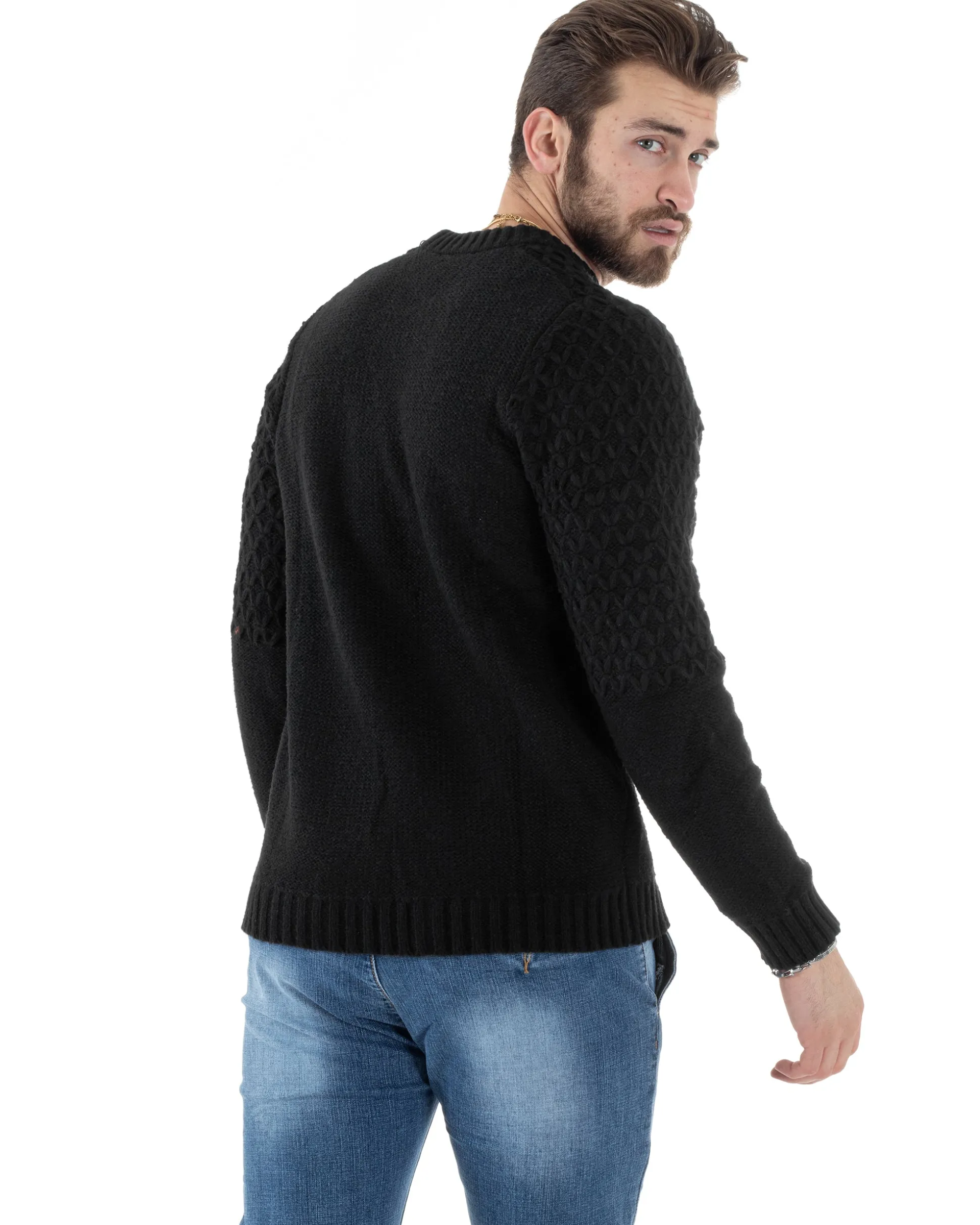 Maglione Intrecciato Uomo Girocollo Con Trecce Maglia Maglioncino Nero GIOSAL-M2796A