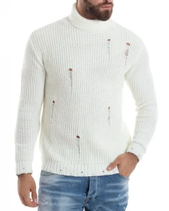 Maglione Uomo Collo Alto Con Rotture Lana Maglia Inglese Maglioncino Caldo Pullover Casual Comodo Bianco GIOSAL-M2931A