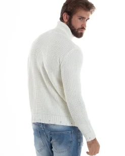 Maglione Uomo Collo Alto Con Rotture Lana Maglia Inglese Maglioncino Caldo Pullover Casual Comodo Bianco GIOSAL-M2931A
