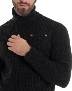 Maglione Uomo Collo Alto Con Rotture Lana Maglia Inglese Maglioncino Caldo Pullover Casual Comodo Nero GIOSAL-M2929A