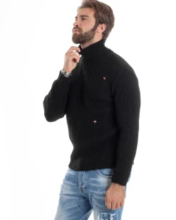 Maglione Uomo Collo Alto Con Rotture Lana Maglia Inglese Maglioncino Caldo Pullover Casual Comodo Nero GIOSAL-M2929A