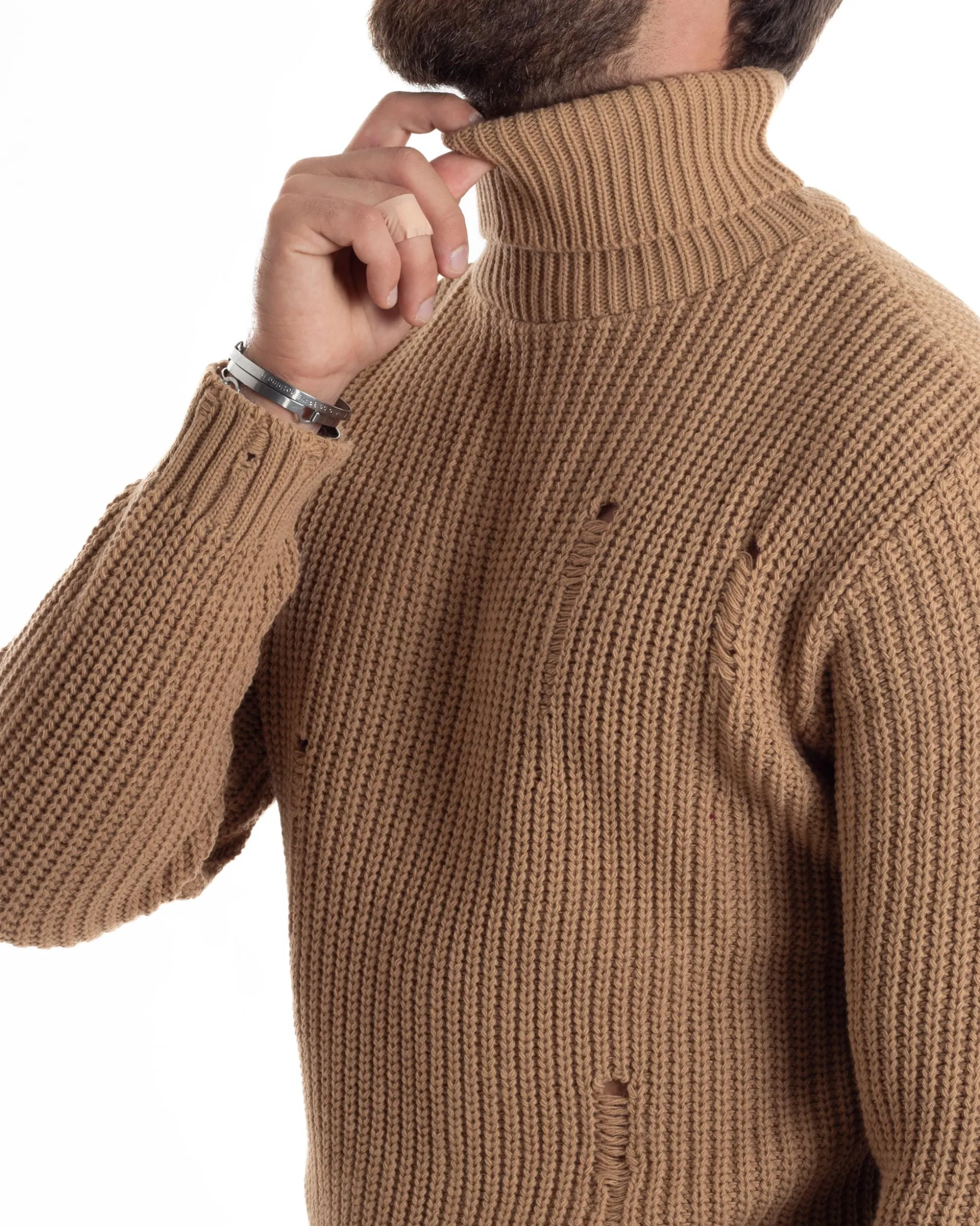 Maglione Uomo Collo Alto Con Rotture Lana Maglia Inglese Maglioncino Caldo Pullover Casual Comodo Camel GIOSAL-M2930A