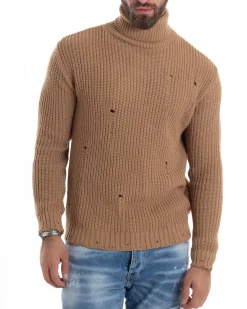 Maglione Uomo Collo Alto Con Rotture Lana Maglia Inglese Maglioncino Caldo Pullover Casual Comodo Camel GIOSAL-M2930A
