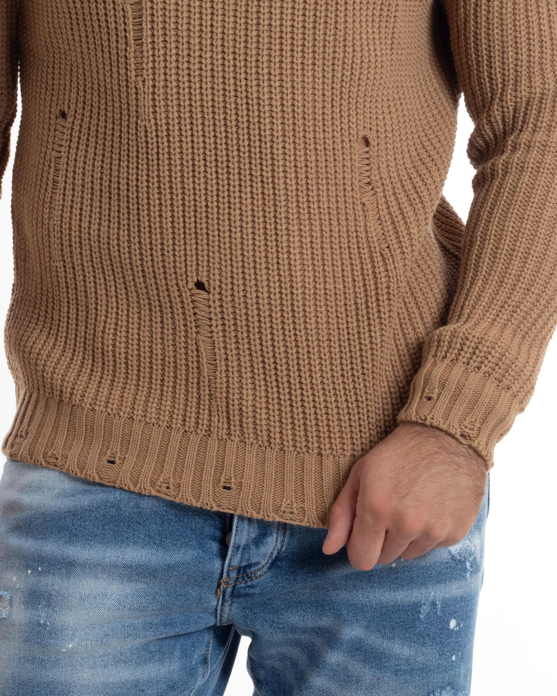 Maglione Uomo Collo Alto Con Rotture Lana Maglia Inglese Maglioncino Caldo Pullover Casual Comodo Camel GIOSAL-M2930A