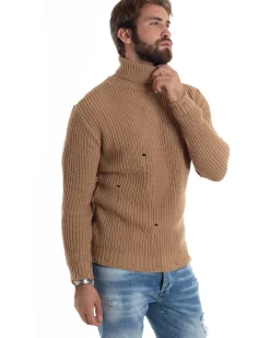 Maglione Uomo Collo Alto Con Rotture Lana Maglia Inglese Maglioncino Caldo Pullover Casual Comodo Camel GIOSAL-M2930A