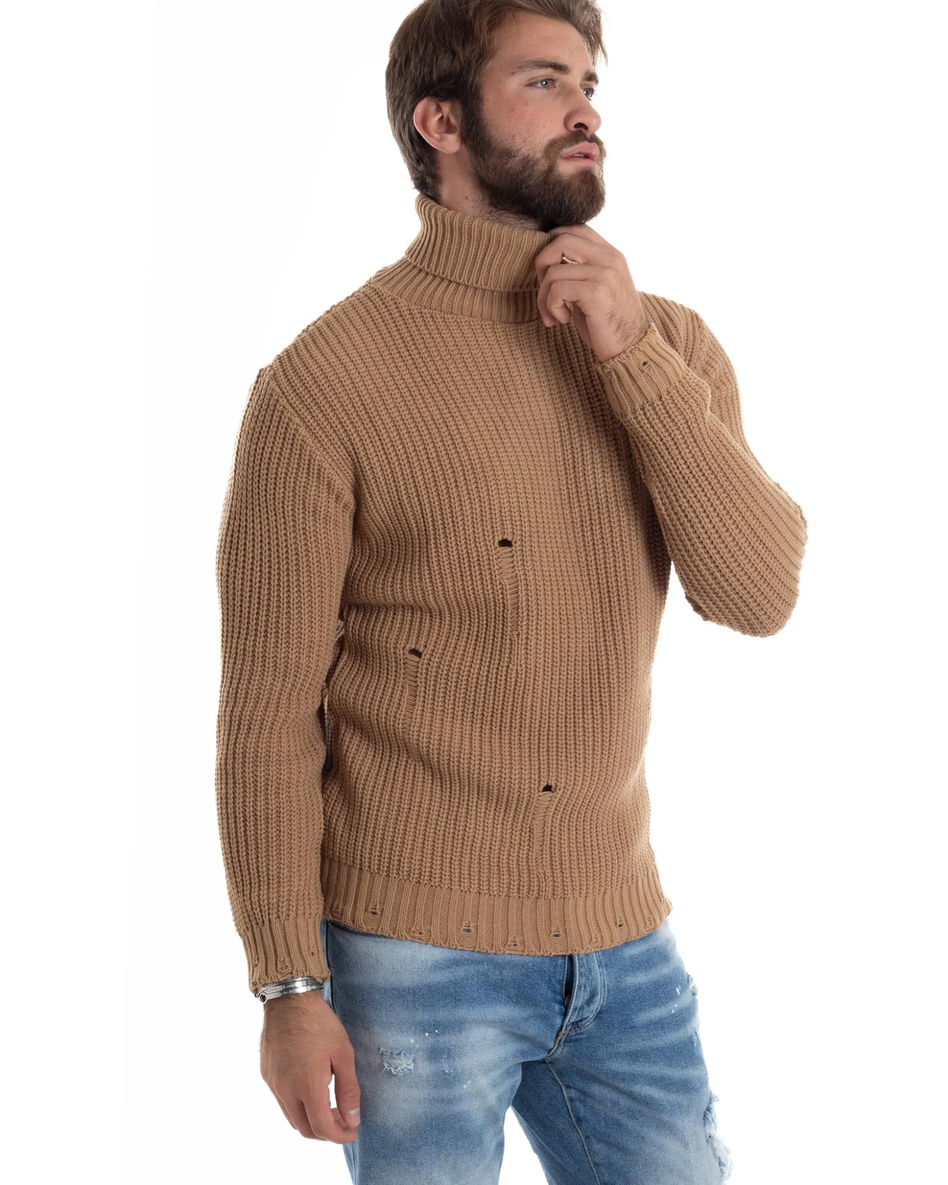 Maglione Uomo Collo Alto Con Rotture Lana Maglia Inglese Maglioncino Caldo Pullover Casual Comodo Camel GIOSAL-M2930A
