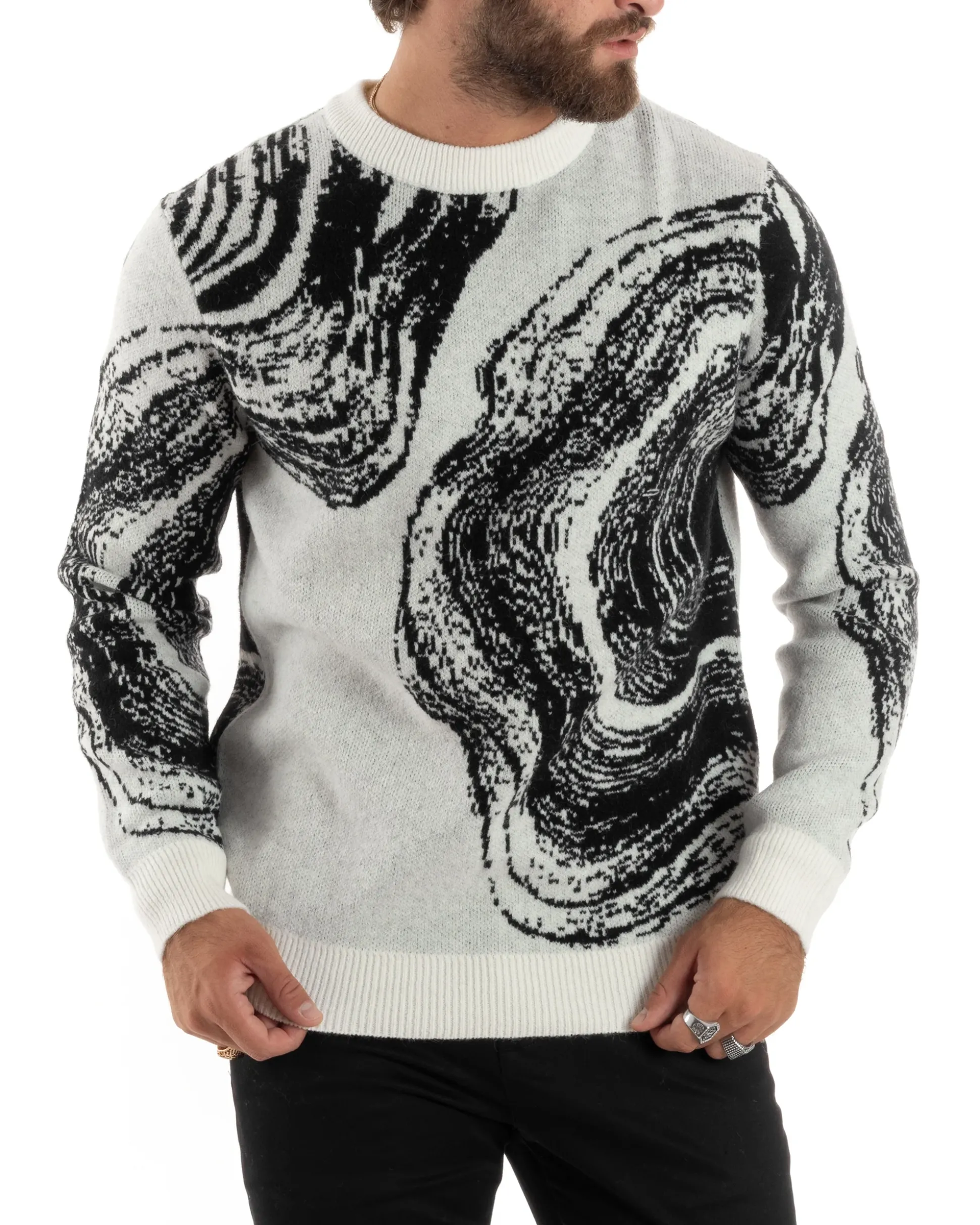 Maglione Uomo Girocollo Caldo Cotone Rasato Marmorizzato Maglia Maniche Lunghe Oversize Casual Bicolore Sfumata Panna GIOSAL-M2864A