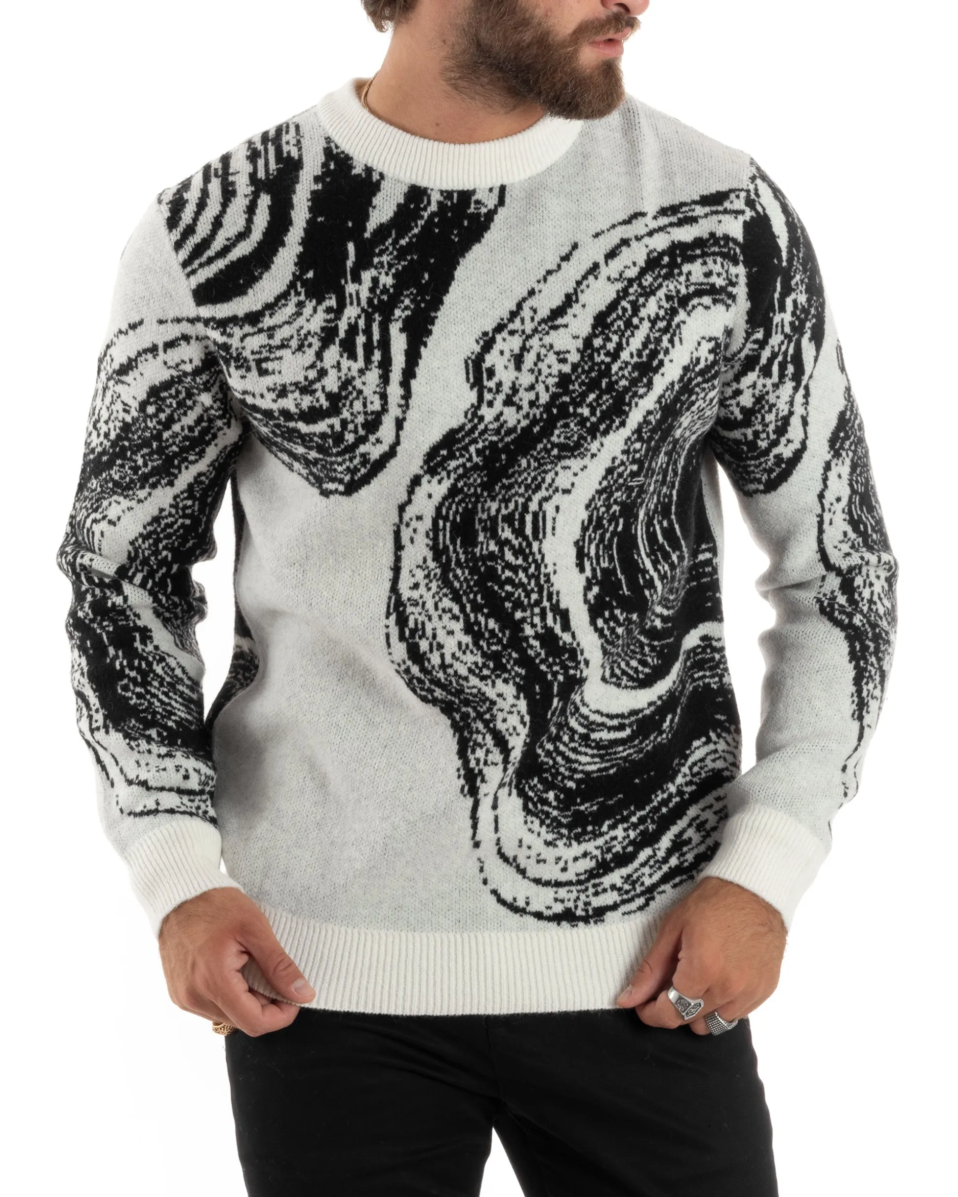 Maglione Uomo Girocollo Caldo Cotone Rasato Marmorizzato Maglia Maniche Lunghe Oversize Casual Bicolore Sfumata Panna GIOSAL-M2864A