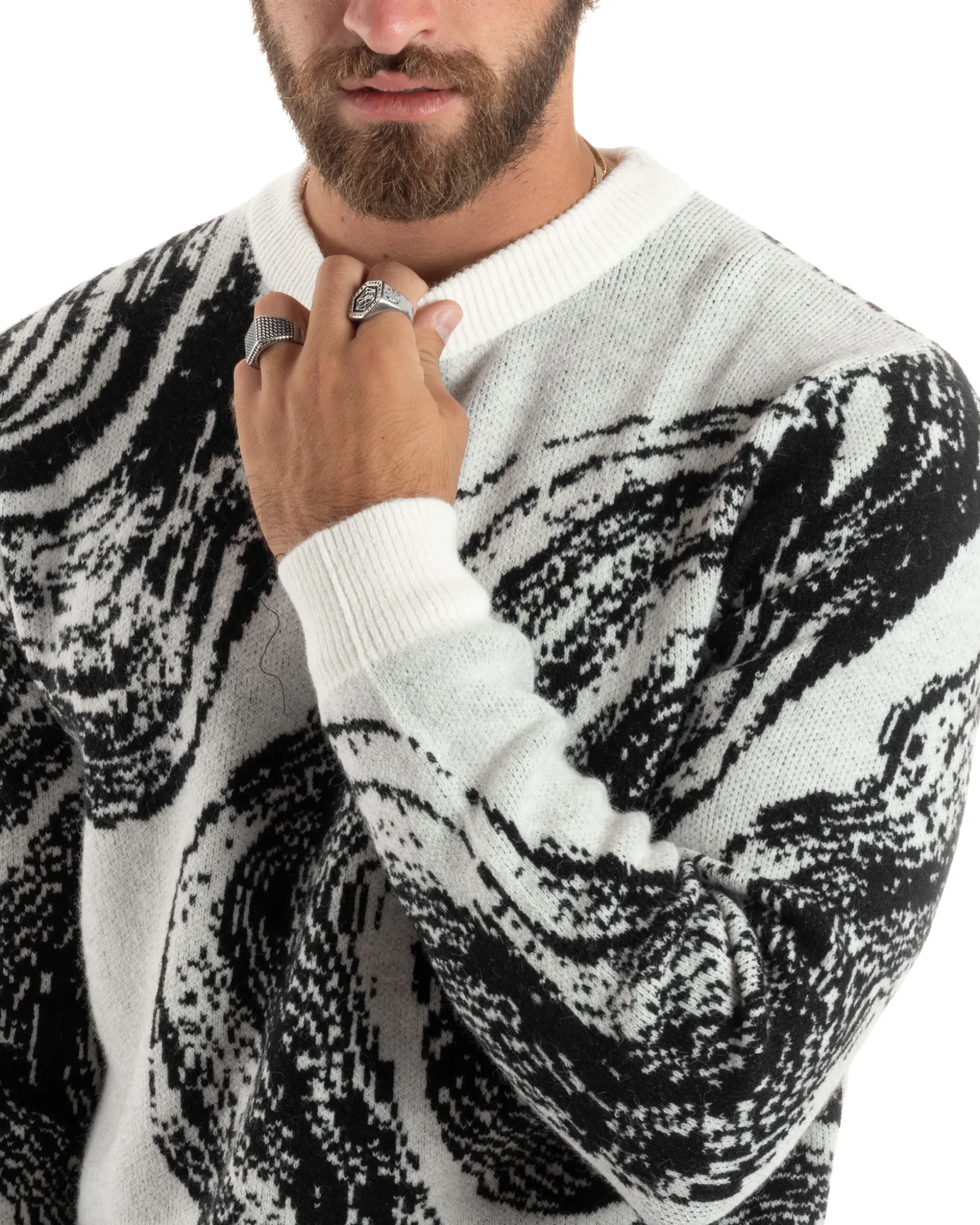Maglione Uomo Girocollo Caldo Cotone Rasato Marmorizzato Maglia Maniche Lunghe Oversize Casual Bicolore Sfumata Panna GIOSAL-M2864A
