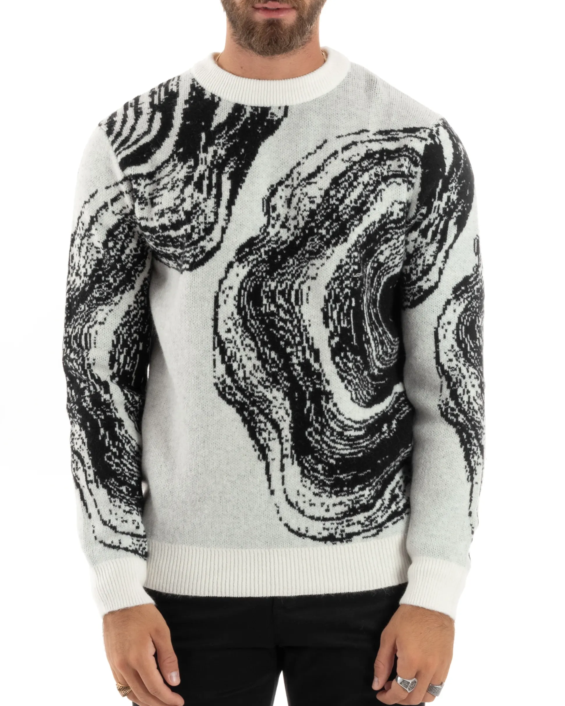 Maglione Uomo Girocollo Caldo Cotone Rasato Marmorizzato Maglia Maniche Lunghe Oversize Casual Bicolore Sfumata Panna GIOSAL-M2864A