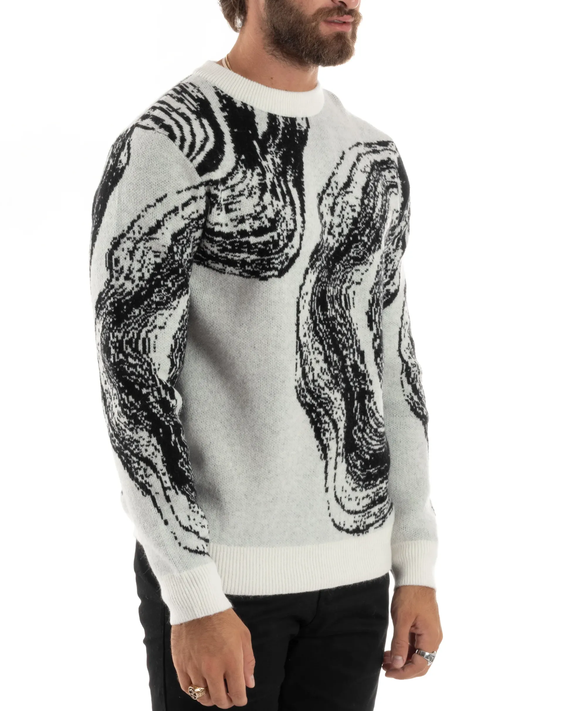 Maglione Uomo Girocollo Caldo Cotone Rasato Marmorizzato Maglia Maniche Lunghe Oversize Casual Bicolore Sfumata Panna GIOSAL-M2864A