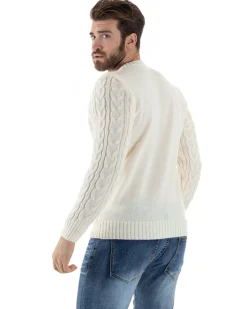 Maglione Uomo Girocollo Con Trecce Maglia Intrecciata Panna M2801A