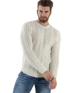 Maglione Uomo Girocollo Con Trecce Maglia Intrecciata Panna M2801A