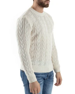 Maglione Uomo Girocollo Con Trecce Maglia Intrecciata Panna M2801A