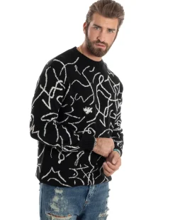Maglione Uomo Girocollo Maglia Fantasia Righe Pullover Caldo Morbido Casual Bicolore Nero GIOSAL-M2944A