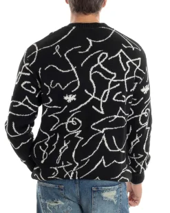 Maglione Uomo Girocollo Maglia Fantasia Righe Pullover Caldo Morbido Casual Bicolore Nero GIOSAL-M2944A
