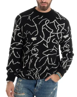 Maglione Uomo Girocollo Maglia Fantasia Righe Pullover Caldo Morbido Casual Bicolore Nero GIOSAL-M2944A