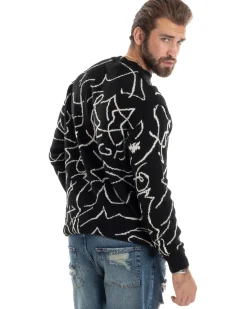 Maglione Uomo Girocollo Maglia Fantasia Righe Pullover Caldo Morbido Casual Bicolore Nero GIOSAL-M2944A