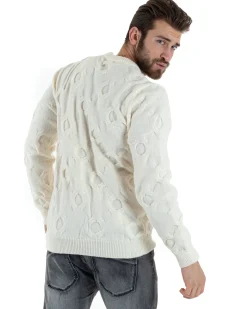 Maglione Uomo Girocollo Maglia Maglioncino Intrecciato Cerchi Panna GIOSAL-M2799A