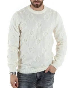 Maglione Uomo Girocollo Maglia Maglioncino Intrecciato Cerchi Panna GIOSAL-M2799A