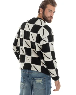 Maglione Uomo Girocollo Maglia Calda Lana Fantasia Jacquard Pullover Morbido Casual Bicolore Bianco Nero GIOSAL-M2953A