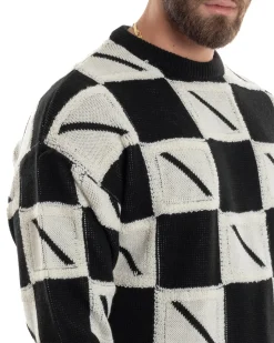 Maglione Uomo Girocollo Maglia Calda Lana Fantasia Jacquard Pullover Morbido Casual Bicolore Bianco Nero GIOSAL-M2953A
