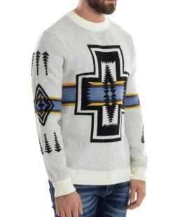 Maglione Uomo Girocollo Pullover Caldo Fantasia Jacquard Azteca Etnico Panna GIOSAL-M2957A
