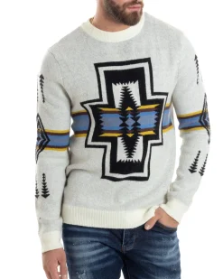 Maglione Uomo Girocollo Pullover Caldo Fantasia Jacquard Azteca Etnico Panna GIOSAL-M2957A