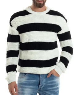 Maglione Uomo Girocollo Rigato Maglia Inglese Comoda Pullover Caldo Casual Bicolore Nero GIOSAL-M2922A