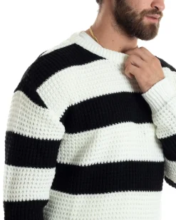 Maglione Uomo Girocollo Rigato Maglia Inglese Comoda Pullover Caldo Casual Bicolore Nero GIOSAL-M2922A