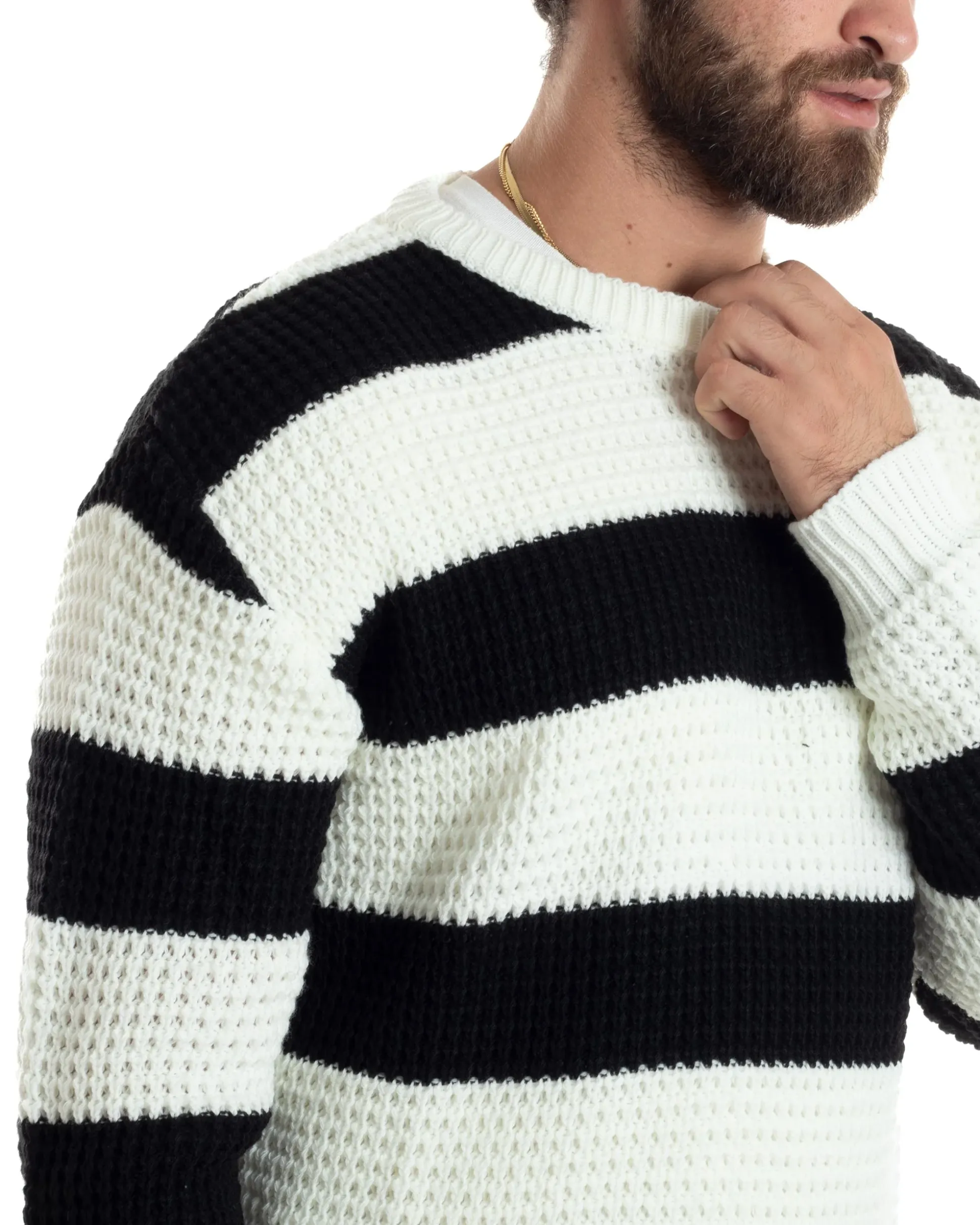 Maglione Uomo Girocollo Rigato Maglia Inglese Comoda Pullover Caldo Casual Bicolore Nero GIOSAL-M2922A