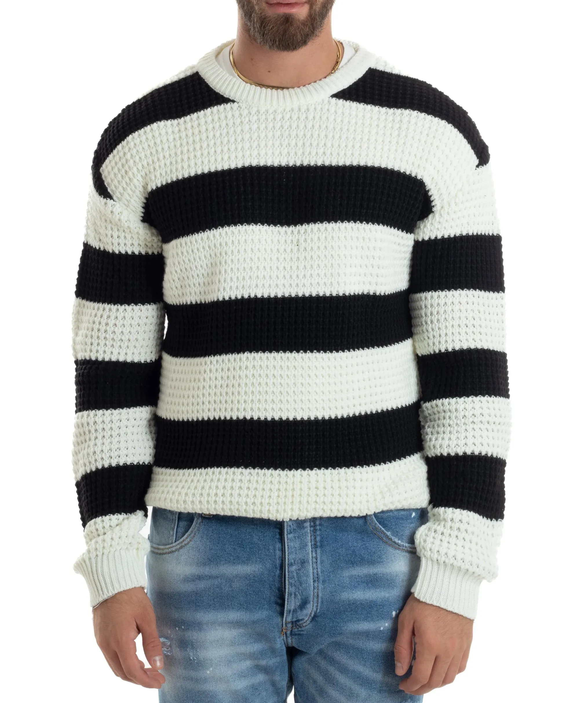 Maglione Uomo Girocollo Rigato Maglia Inglese Comoda Pullover Caldo Casual Bicolore Nero GIOSAL-M2922A
