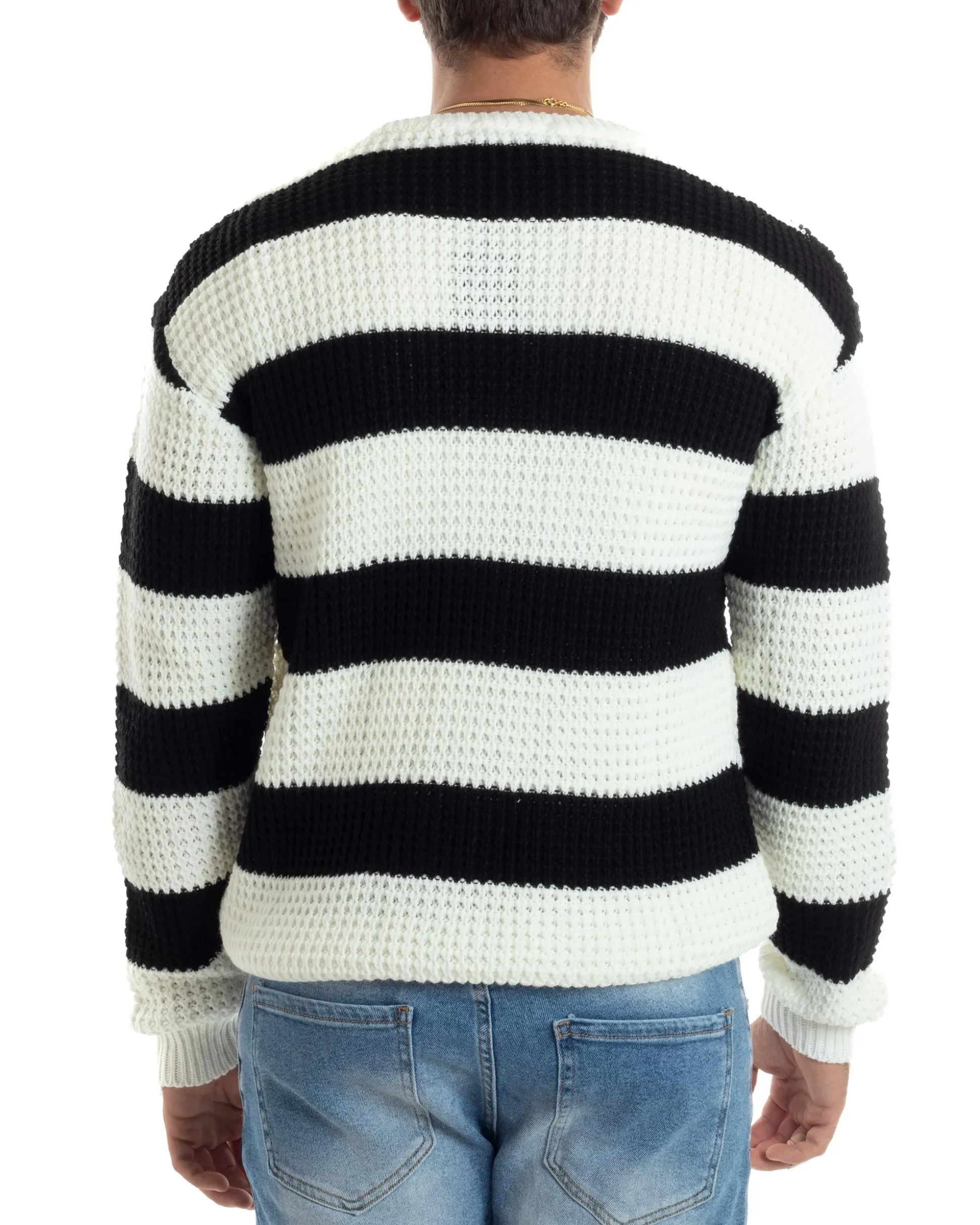 Maglione Uomo Girocollo Rigato Maglia Inglese Comoda Pullover Caldo Casual Bicolore Nero GIOSAL-M2922A