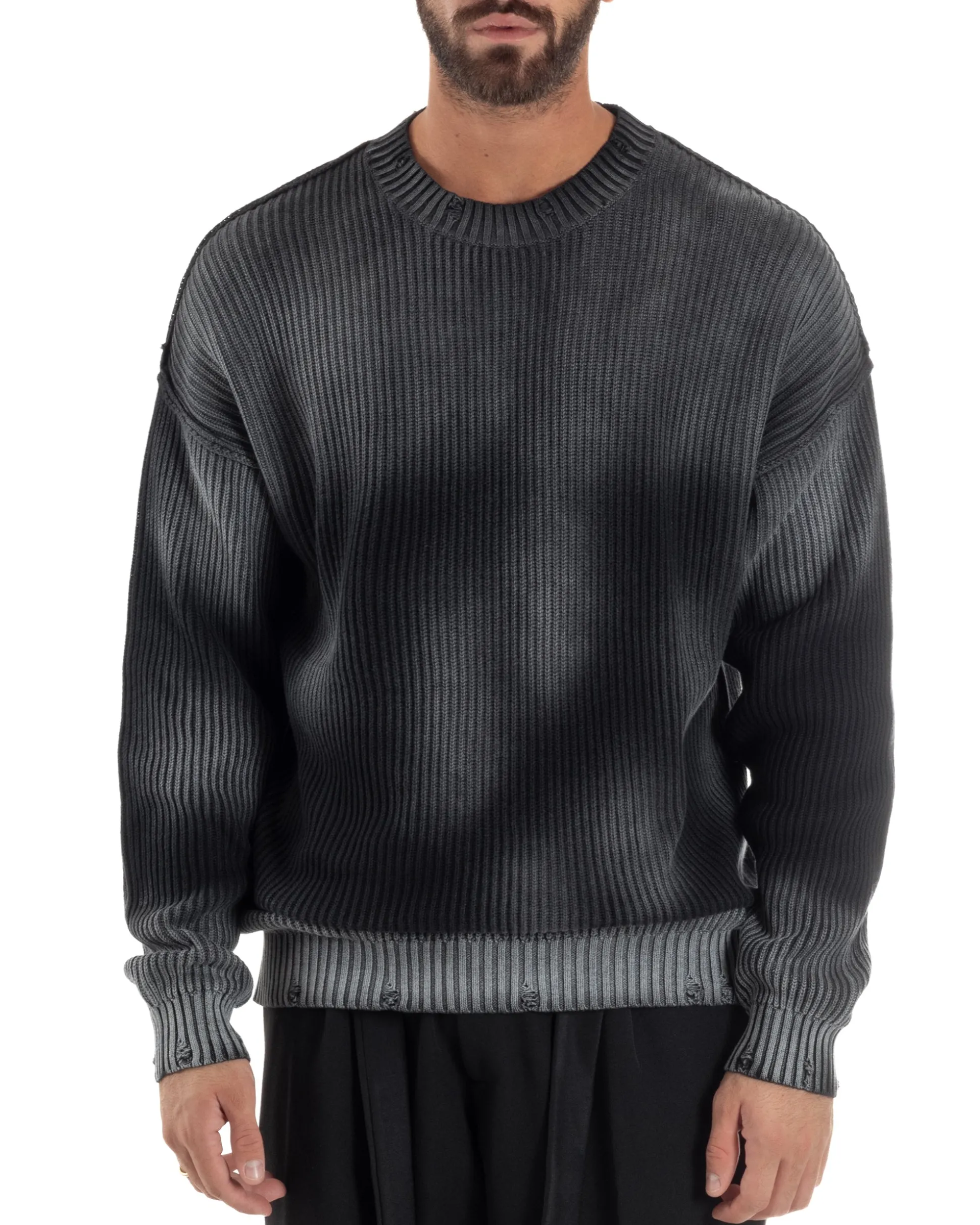 Maglione Uomo Girocollo Rotture Oversize Sfumato Nero M3046A