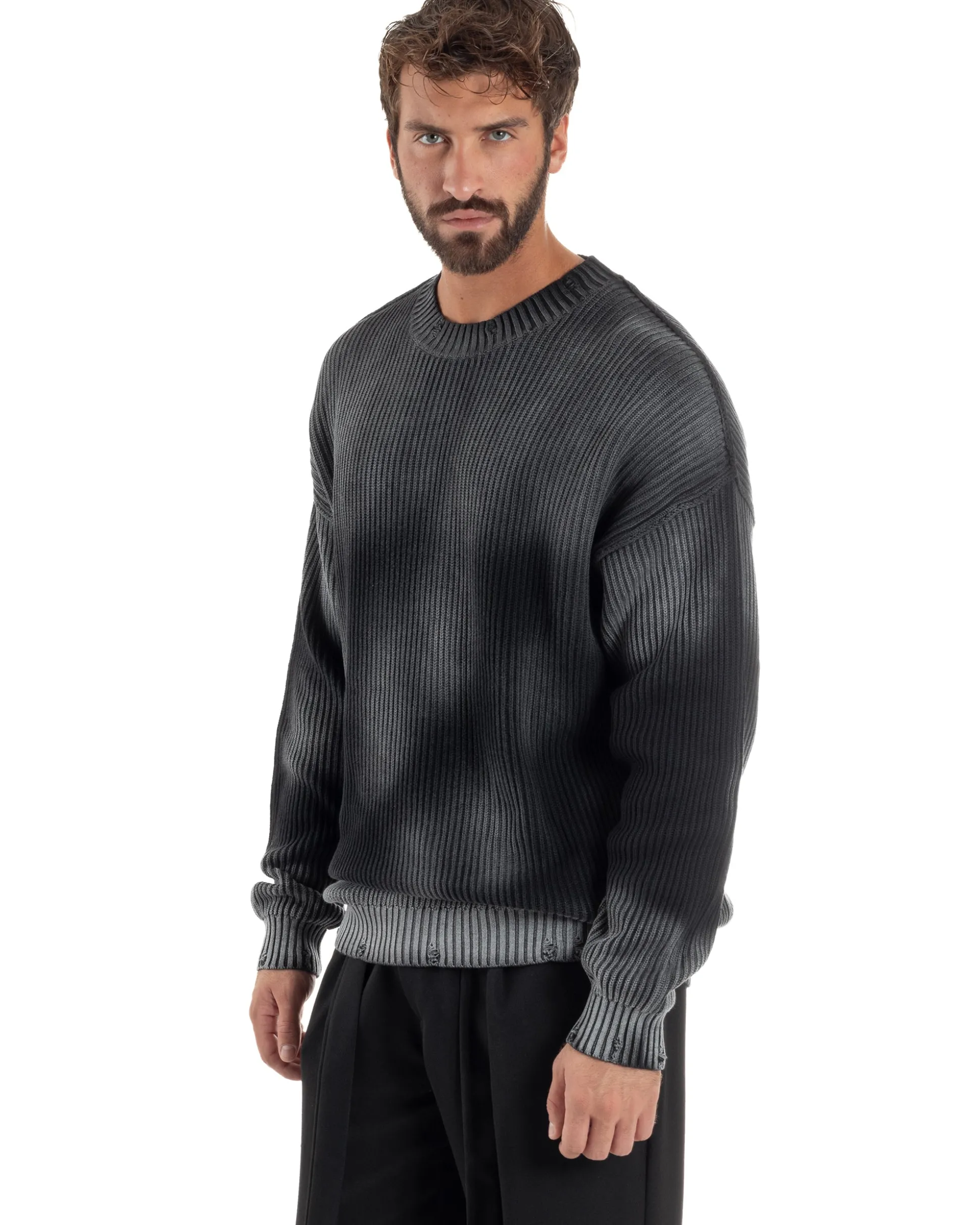 Maglione Uomo Girocollo Rotture Oversize Sfumato Nero M3046A
