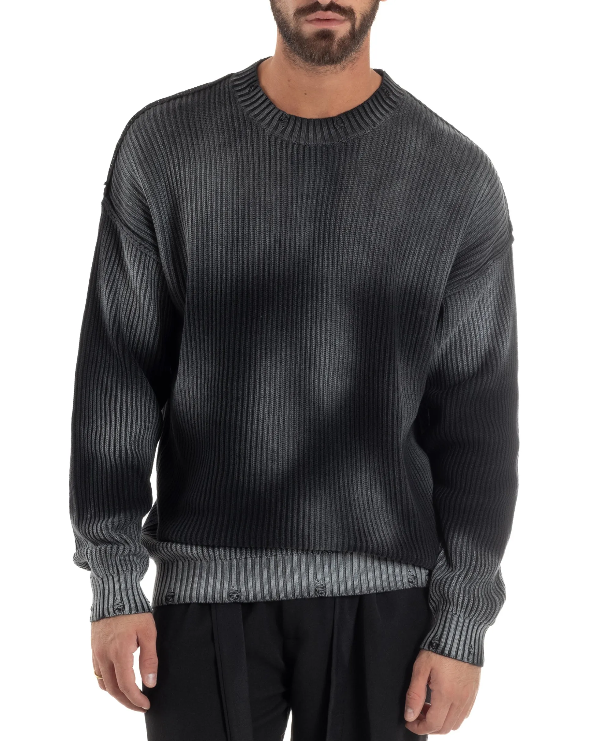 Maglione Uomo Girocollo Rotture Oversize Sfumato Nero M3046A