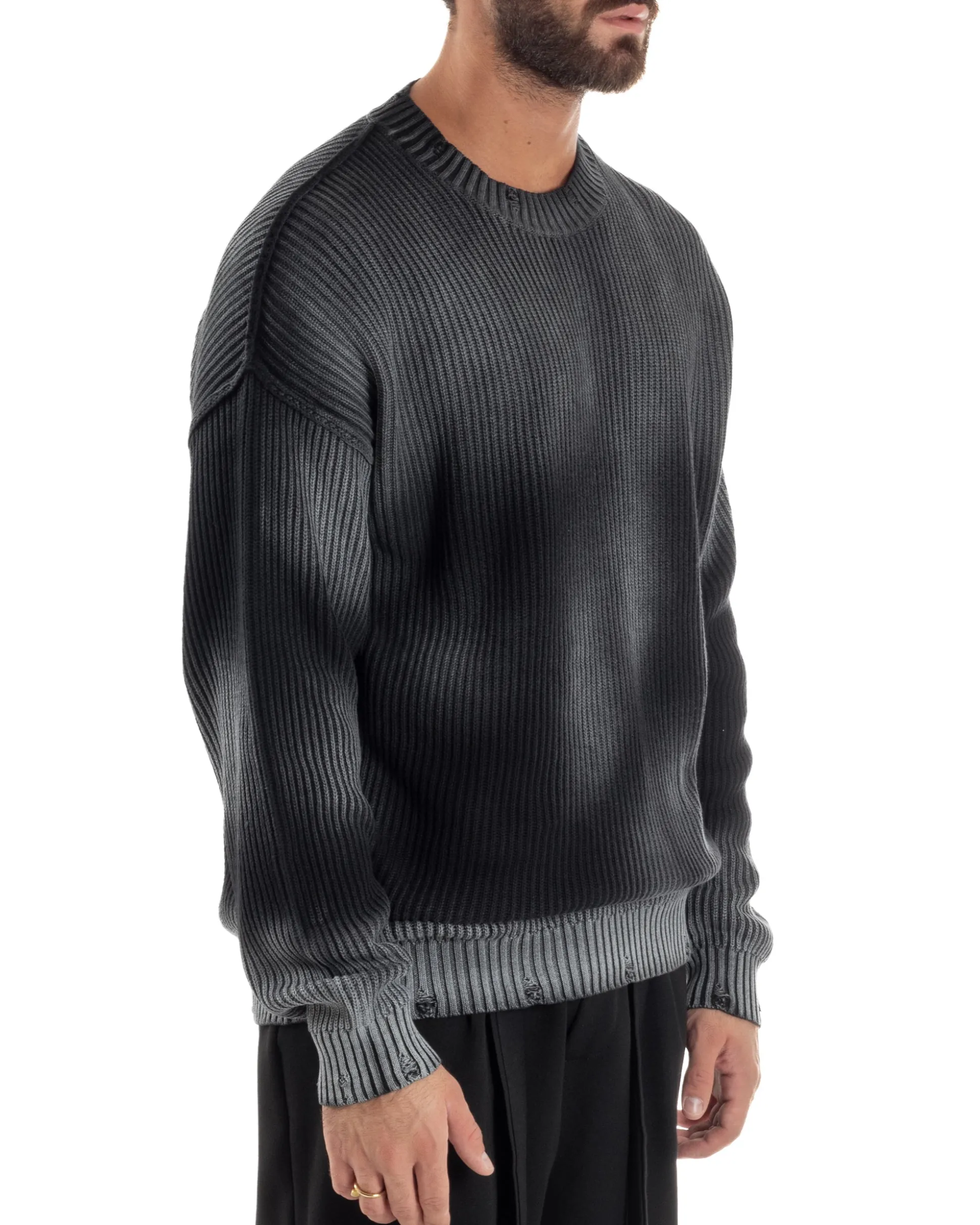 Maglione Uomo Girocollo Rotture Oversize Sfumato Nero M3046A