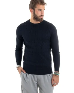 Maglione Uomo Girocollo Viscosa Treccia Maglioncino Lavorato Maglia Calda Basic Maniche Lunghe Tinta Unita Casual Blu GIOSAL-M2900A