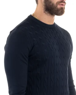 Maglione Uomo Girocollo Viscosa Treccia Maglioncino Lavorato Maglia Calda Basic Maniche Lunghe Tinta Unita Casual Blu GIOSAL-M2900A