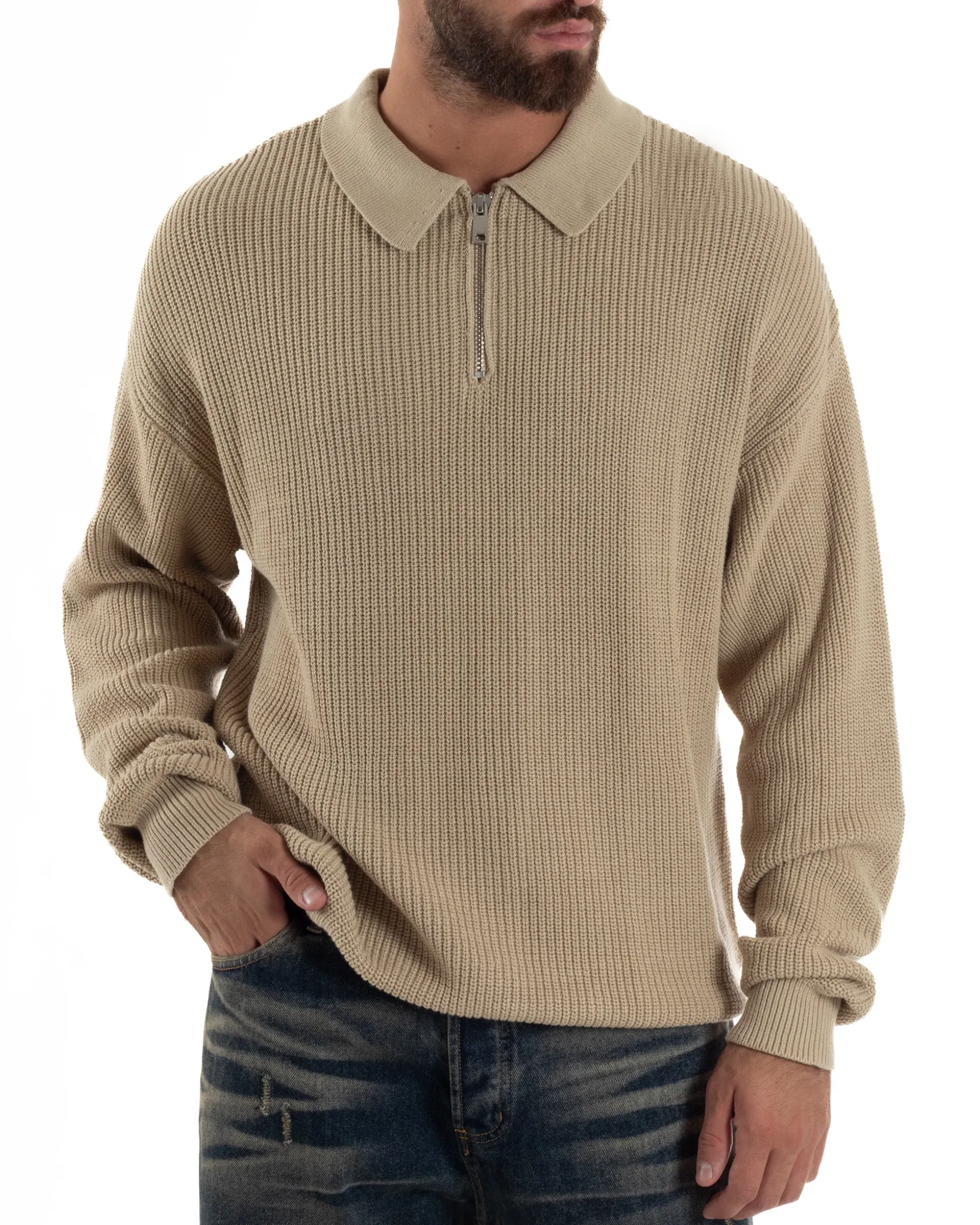 Maglione Uomo Polo Con Zip Maglia Inglese Con Colletto Beige M3022A