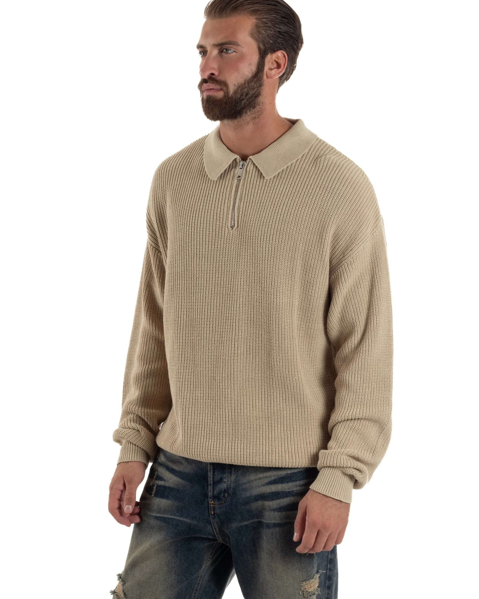 Maglione Uomo Polo Con Zip Maglia Inglese Con Colletto Beige M3022A