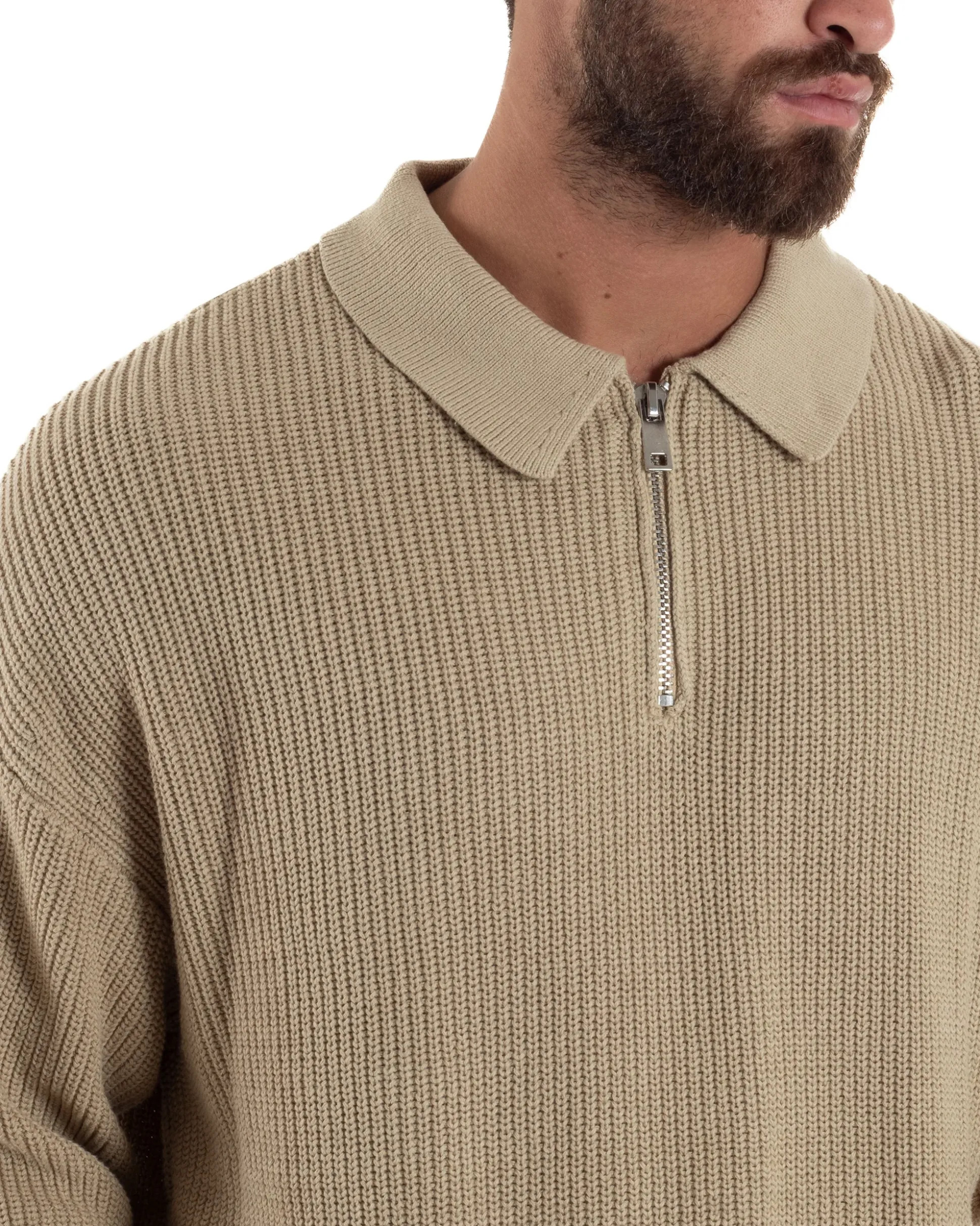Maglione Uomo Polo Con Zip Maglia Inglese Con Colletto Beige M3022A
