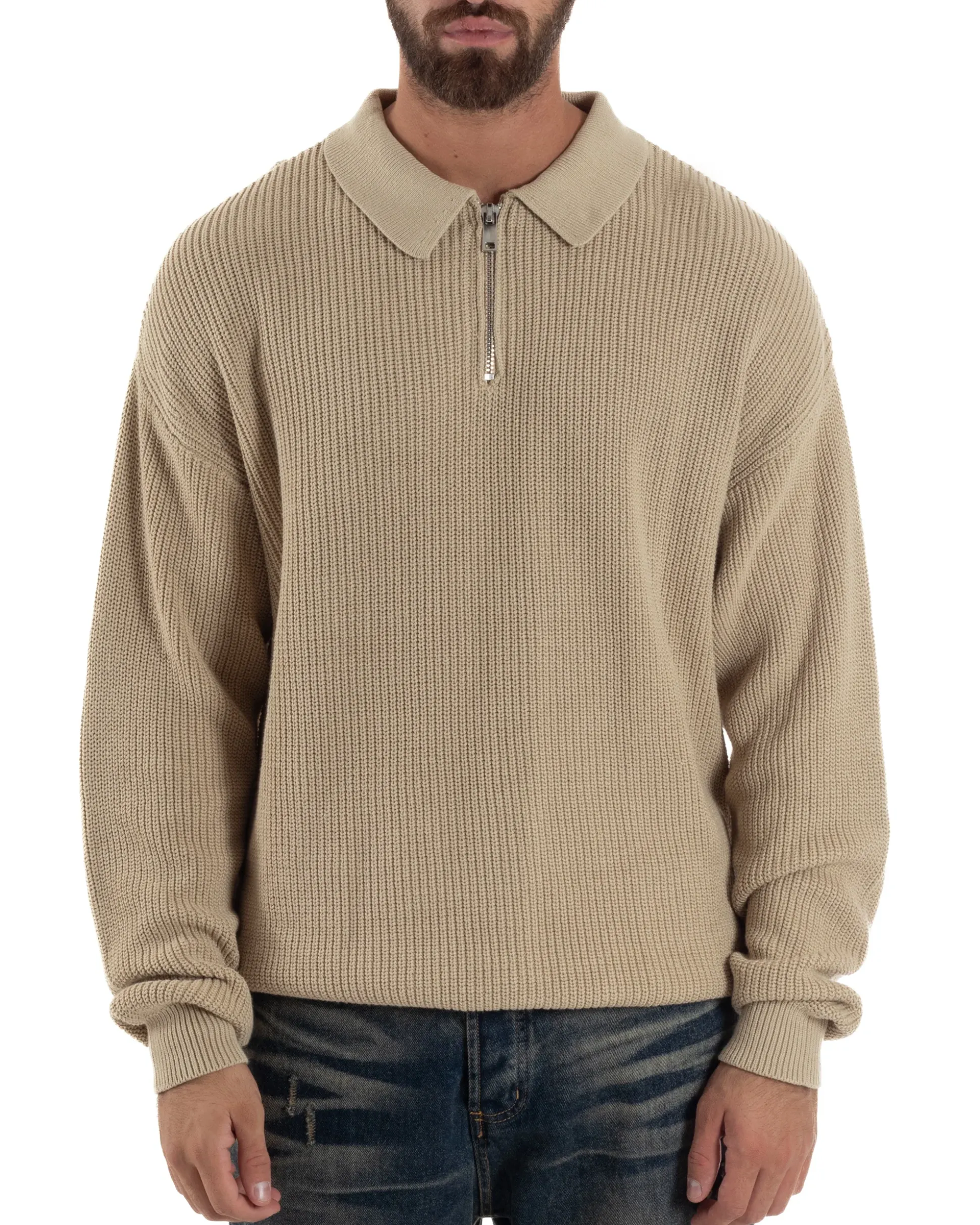 Maglione Uomo Polo Con Zip Maglia Inglese Con Colletto Beige M3022A