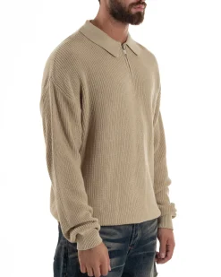 Maglione Uomo Polo Con Zip Maglia Inglese Con Colletto Beige M3022A