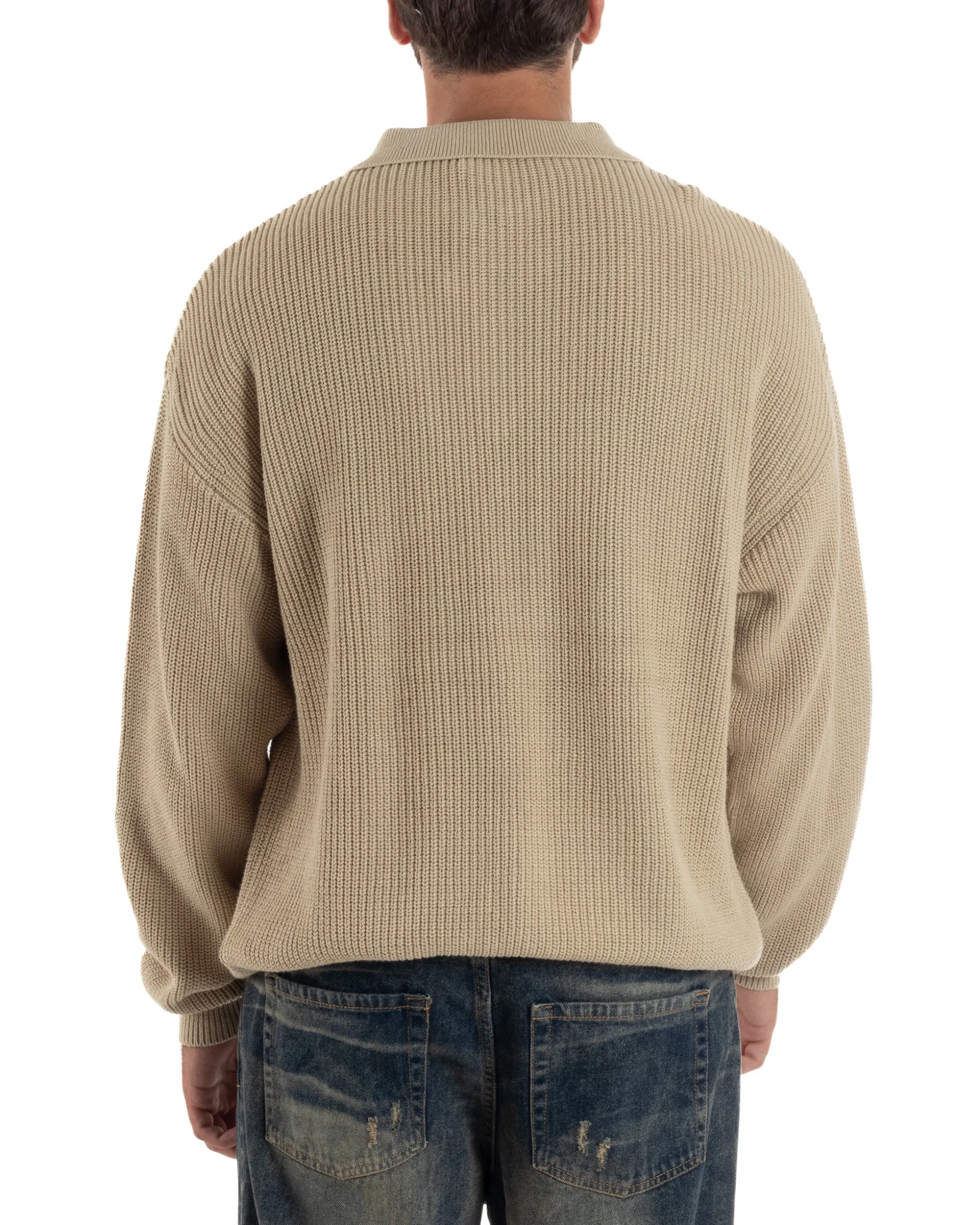 Maglione Uomo Polo Con Zip Maglia Inglese Con Colletto Beige M3022A